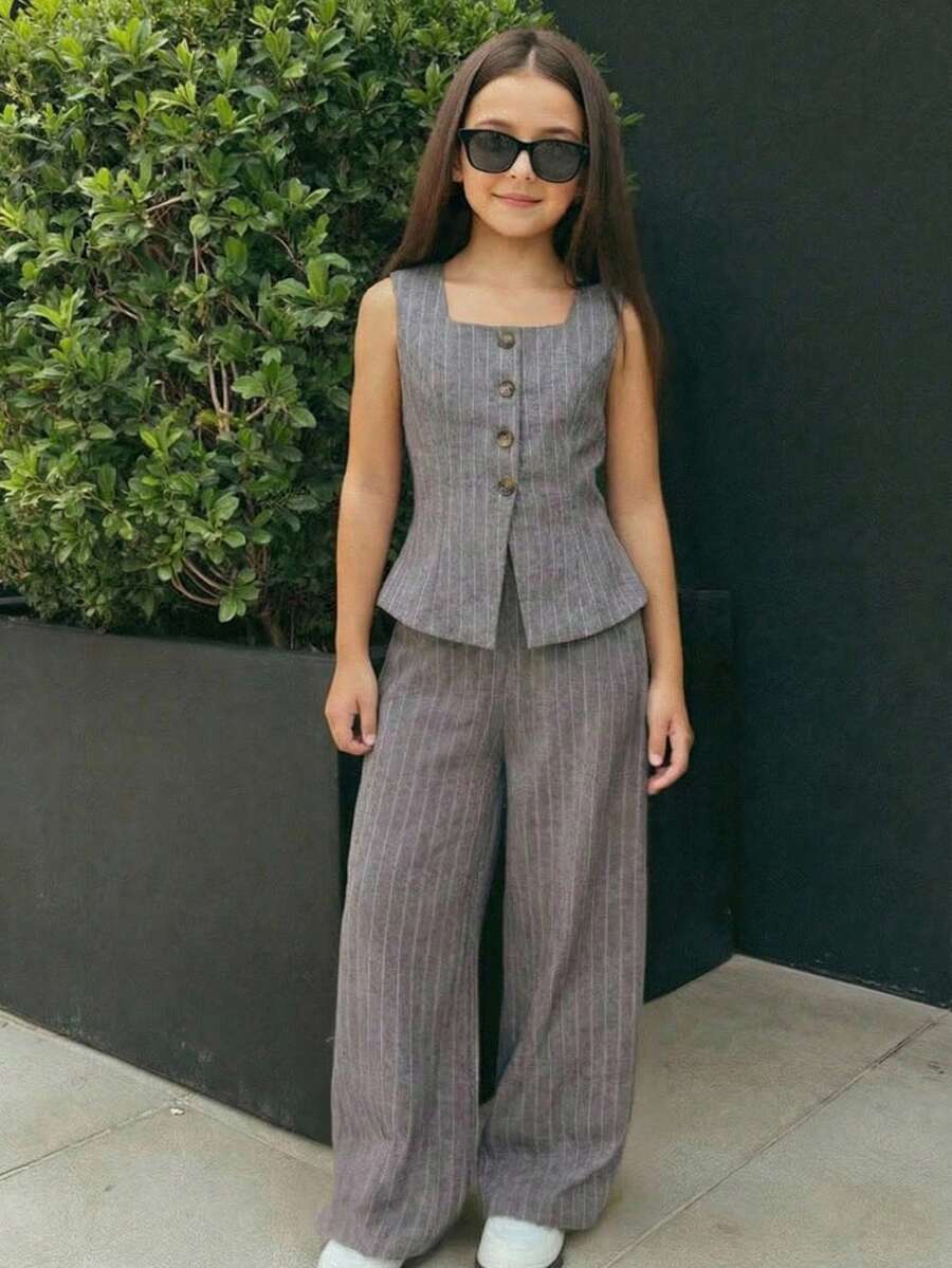 SHEIN 少女两件套：无袖条纹编织背心上衣和阔腿宽松裤，春夏款 - 灰色 - 查看 1