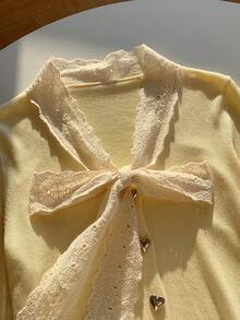 Comfortcana Women's Casual Lace Trim Tie Front Cardigan, Spring/Autumn - Yellow - View 5