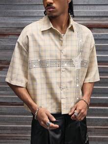 AXEPEAK Men's Plaid Rhinestone Embellished Single-Breasted Casual Commuter Short Sleeve Shirt - Khaki - View 4