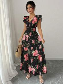 Rafferiza Women's Floral Print Shirred Cap Sleeve Waist Tie Elegant Dress - Black - View 3