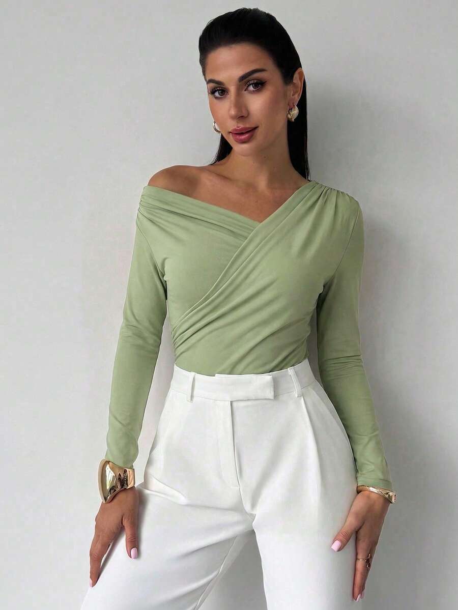 Firerie Áo croptop trắng dài tay, thanh lịch, tối giản, cổ bèo bất đối xứng dành cho nữ, phù hợp cho đi làm hàng ngày, lễ hội âm nhạc và kỳ nghỉ. - màu xanh lá - Xem 1