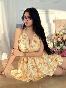 CovetEZ 大码夏季浪漫复古印花连体裤，带蝴蝶结腰带 - 鵝黃色 - 查看 6