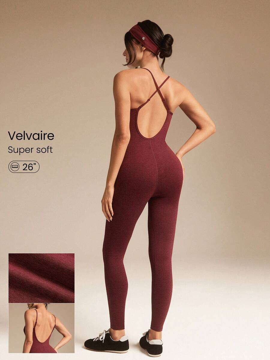 GLOWMODE 26" Softy Velvaire Super Soft Switch Back 2-Way Wear Bodysuit Low Impact Yoga Pilates Studio Daily Casual Wear Removable Cups - Burgundy - View 1