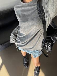 DAZY 纯色圆领宽松长袖长款女式 T 恤，秋季服装学院风上衣 - 灰色 - 查看 6