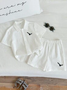 SHEIN Young Boy's Cute Summer Holiday White Printed Shirt And Elastic Waist Shorts Set,Cotton Linen Matching Outfit For Family Vacation,Birthday Party,Rave - Multicolor - View 7