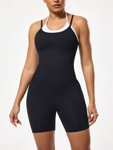 SHEIN Sports 女士二合一吊带背心短裤连体裤 - 黑與白 - 查看 1