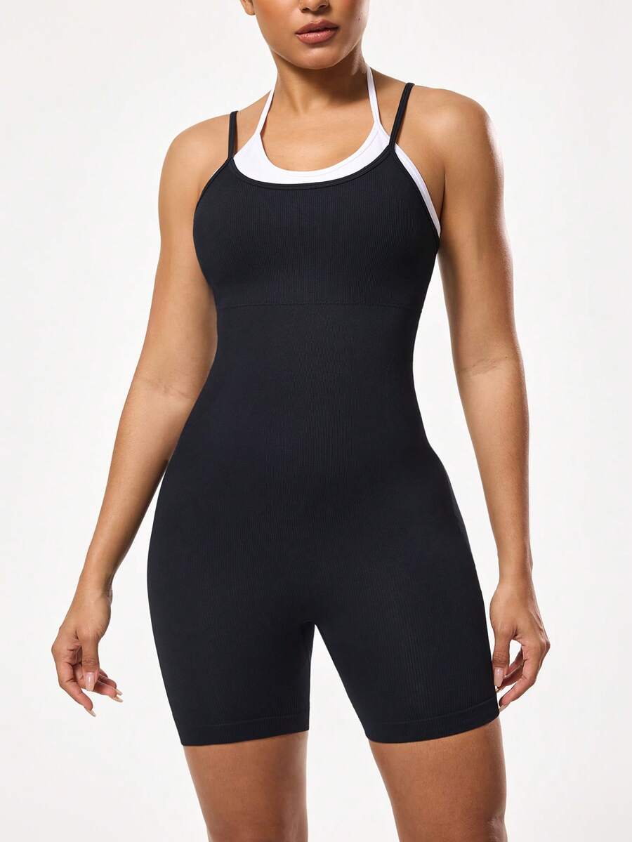 SHEIN Sports 女士二合一吊带背心短裤连体裤 - 黑與白 - 查看 1