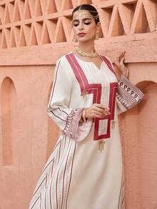 SHEIN Najma Đầm dài tay cổ tròn dáng xòe in họa tiết thanh lịch dành cho nữ - Nhiều màu - Xem 5