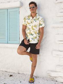 VIVINTIMO Men's Button Front Cartoon Banana Allover Print Short Sleeve Casual Vacation Shirt - Apricot - View 3