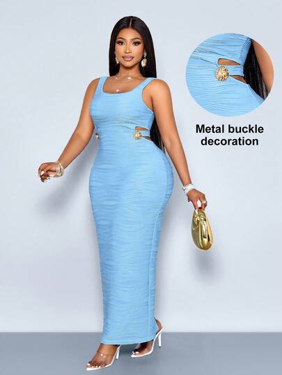 SOLERSUN Plus Size Women's Spring And Summer Fashionable, Elegant, Sexy Casual Vacation Long Dress With Sleeveless Square Round Neck, Waist Cinching, Slim Fit, Bodycon, Back Slit, Hollowed Out Back Waist, Metal Buckle Decoration, Blue Large Water Ripple Knit Texture Material Suitable For Shopping, Dating, Tourism, Beach Parties, Music Festivals, Teacher's Day, Back To School Season, Dance Party,2026,Maxi Dress