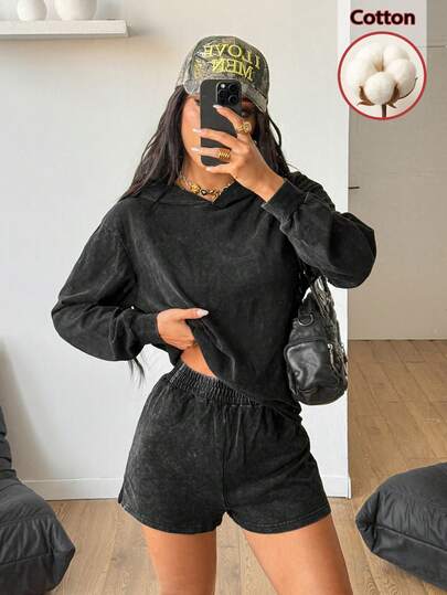 Coolane 两件套休闲复古街头风雪花印花宽松短款连帽衫和连帽卫衣套装，适合秋冬季、早春穿着，百搭运动风