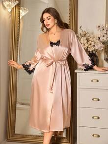 MuseNap CURVE Plus Size Women Champagne Faux Silk Long Nightgown + Long Lace Trim Robe 2 Pieces Sleepwear Set - Champagne - View 6
