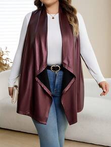 SHEIN CURVE+ Plus Size Burgundy PU Asymmetrical Waterfall Neckline Vest Regular Length Casual Coat - Burgundy - View 8