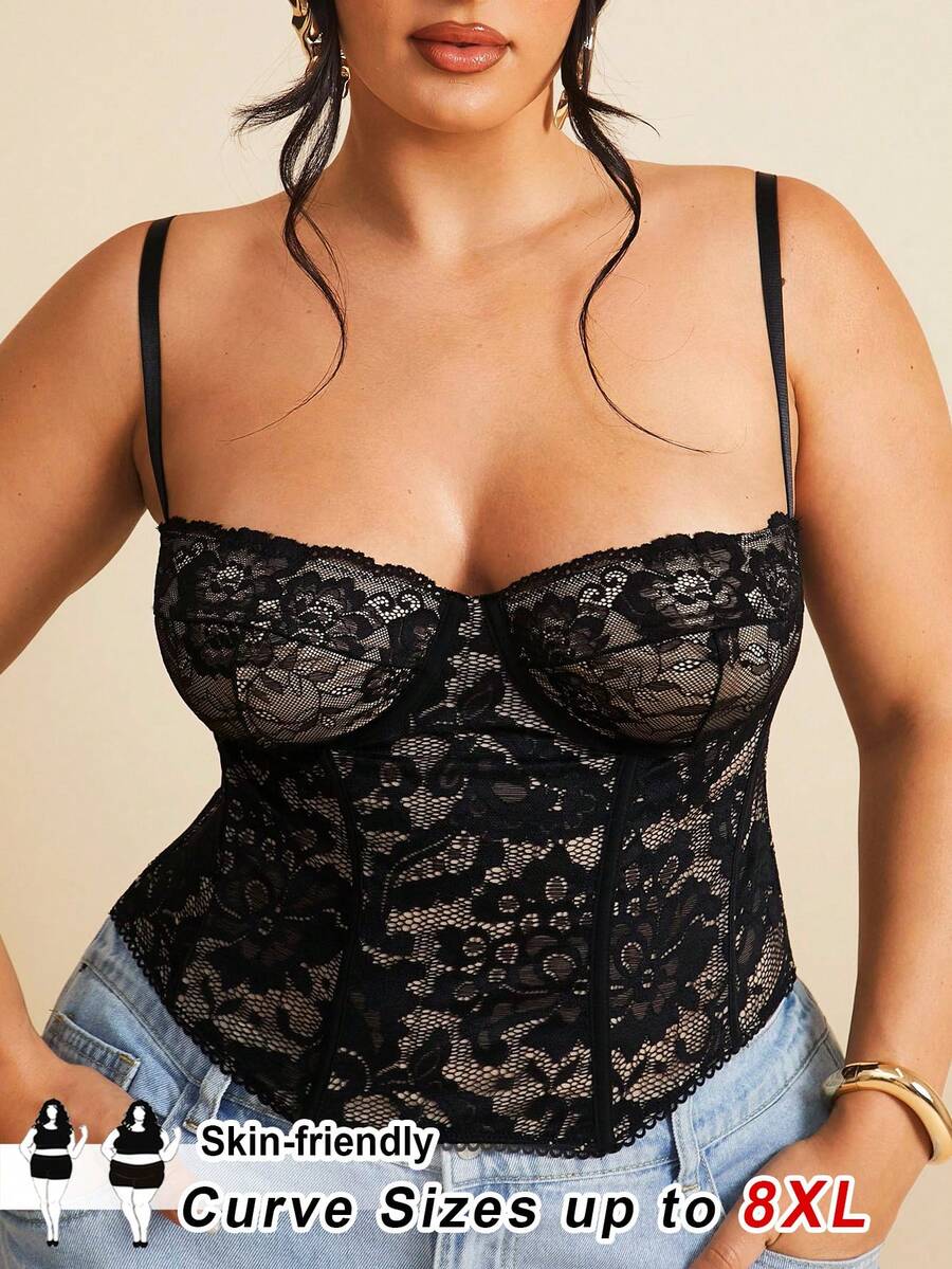 SHEIN CURVE+ 大码女式圣诞性感蕾丝透视吊带背心，适合派对、约会、通勤等场合。 - 黑色 - 查看 1