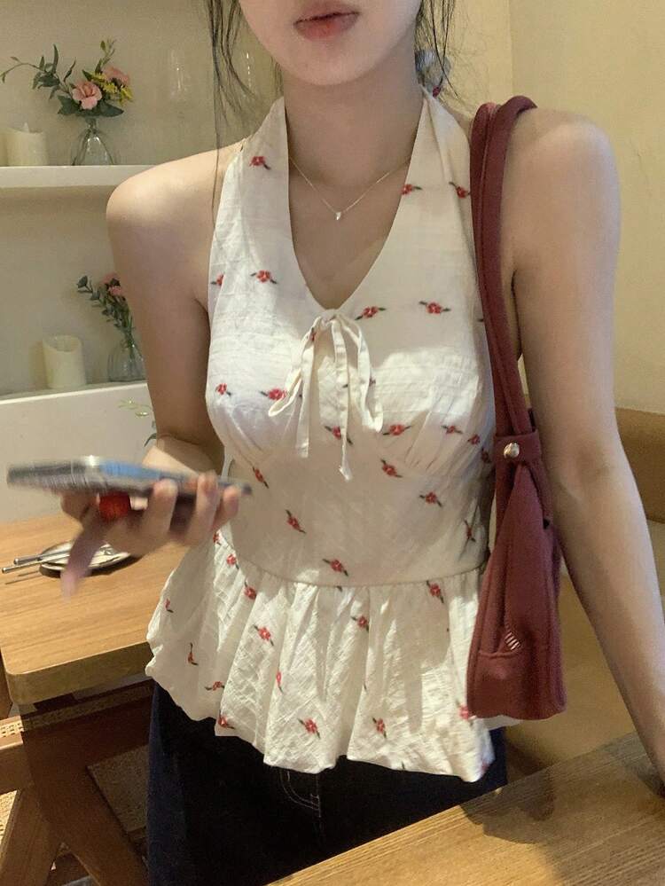 Women's Tie-Up Ruffle Trim Bow Tie Top, Korean Style Cruise Outfit For Women Boho