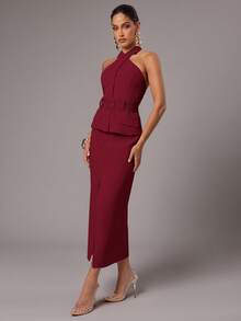 Silquee 女士优雅性感纯色露背吊带上衣和裙子套装秋冬女装 - 酒紅色 - 查看 6