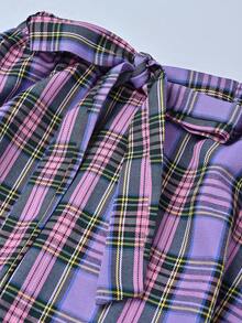 SHEIN Franclia 女士时尚休闲通勤新年圣诞节格子印花系带A字裙 - 紫色 - 查看 4