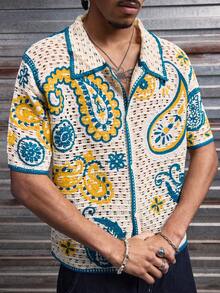 AXEPEAK 男士度假腰果图案短袖单排扣镂空针织开衫 - 彩色 - 查看 4