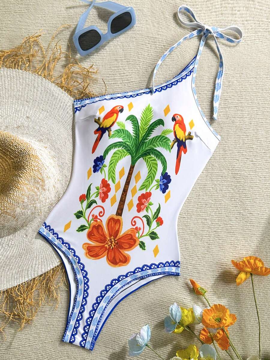 Soleia Summer Vacation Outfits Women Elegant Women's Beach Swimsuit Women's Palm Tree Print Tie Shoulder Fashionable One-Piece Swimsuit - Multicolor - View 1