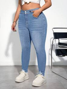 Firerie Plus Size Blue Distressed Skinny Stretch Denim Capri Pants - Light Wash - View 3