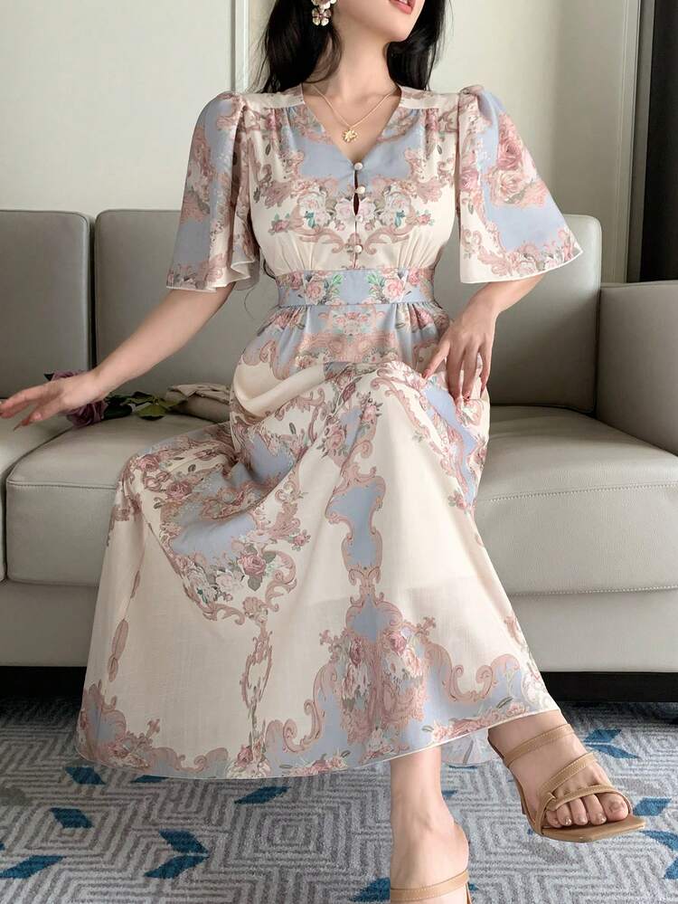 Women's Elegant Floral V-Neck Ruffle Sleeve Midi Dress, Summer Wedding Guest Dress Sundress Boho