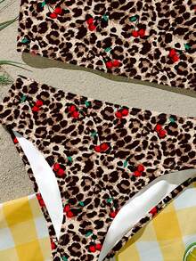 SHEIN Vintage Cute Mini Cherry Leopard Print Pattern, Young Girls Casual Minimalist Camisole & Triangle Bikini Swimwear Set, Suitable For Summer, Graphic Print, Cartoon, Vintage, Color Block, Y2K, Kawaii, Party, Hangout, Everyday, Vacation, Cute, Comfy, Summer 2026, Essentials, Cottagecore - Multicolor - View 5