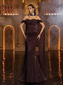 Glamrae Elegant Crafted Floral Lace Collar Structural Splice Ruffle Hem Flared Hem Cocktail Party Dress, Evening Dress, Lightweight Mesh Dress - Coffee Brown - View 6