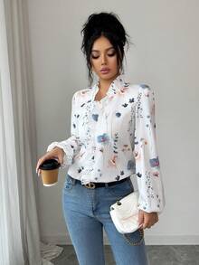 SHEIN PETITE Women's Fitted Floral Print Long Sleeve Blouse With Frill Trim - Multicolor - View 3