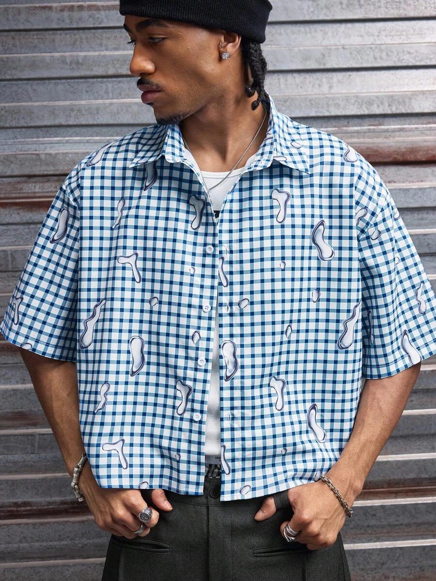 AXEPEAK Men's Loose Fit Letter & Plaid Print Short Sleeve Woven Shirt - Blue - View 1