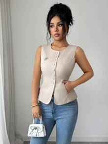 Modelyn Women's Solid Color Round Neck Sleeveless Front Button Elegant Versatile Tank Top - Khaki - View 4