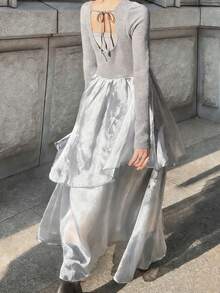 FRIFUL 女士拼接镂空露背系带下摆欧根纱亮面面料连衣裙