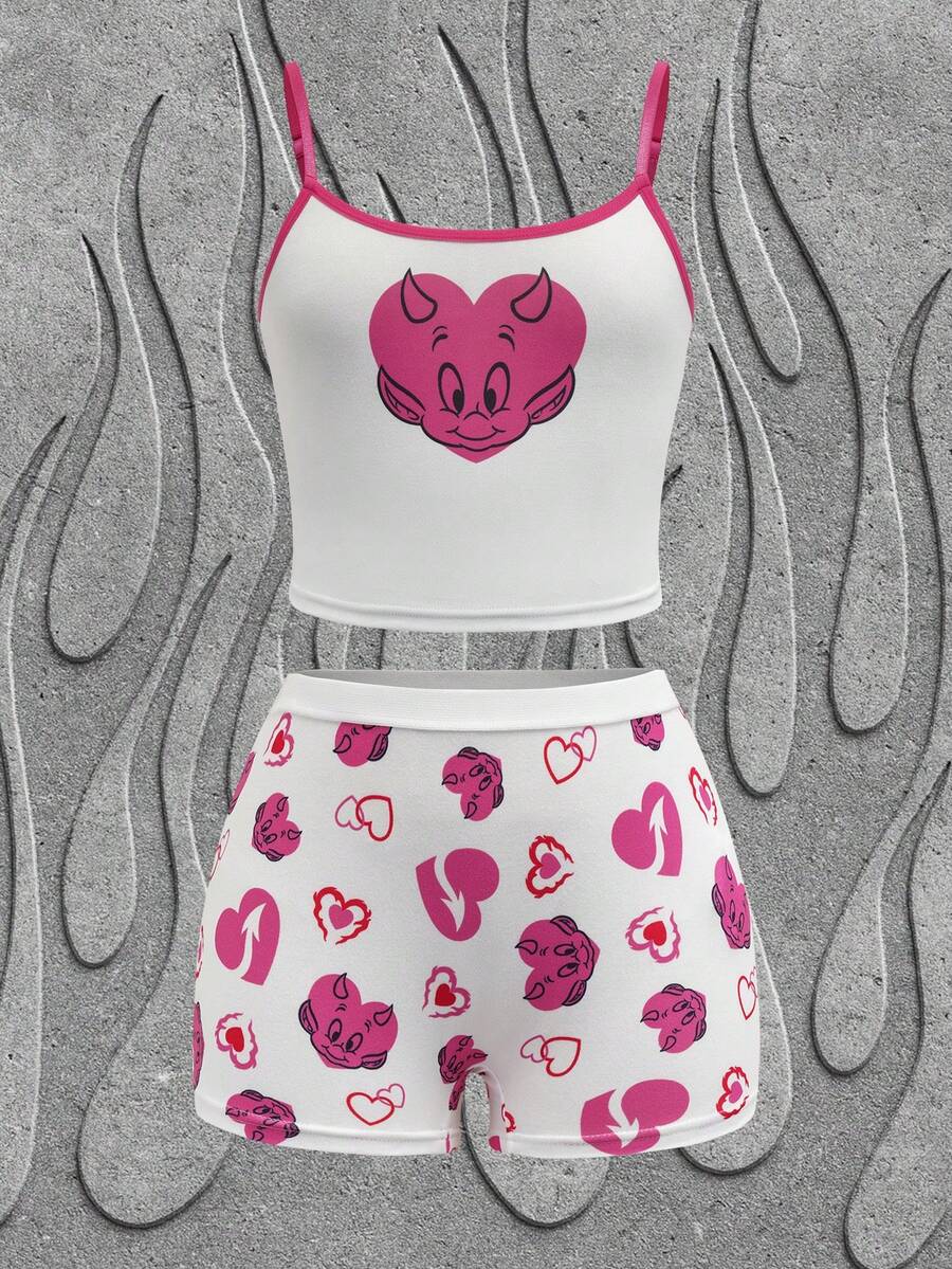 SHEIN HOT STUFF Tween Girl Summer Cute Cartoon Heart Print Ringer Cami Top & Boyshorts Underwear Set - White - View 1