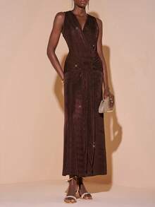 Zivah 2026 Spring Summer New Arrival, Elegant Brown Color Knit Fabric V-Neck Sleeveless Knot Detailed Fitted Long Dress For Women,  Suitable For Valentine's Day Outfit, Wedding Guest Attire, Vacations, Travel, Parties, Gatherings, Cruises, Evenings, Beach Sunbathing, Nighttime Outings, Brunch, Shopping, Formal Occasions, Dinner Parties. - Brown - View 6