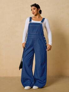 SHEIN PETITE CURVE 大码女式纽扣口袋阔腿宽松休闲背带连体裤 时尚大码深蓝色牛仔背带裤，适合日常穿着，宽松版型，功能性口袋，经典设计，冬季、圣诞节、新年、感恩节、通勤、度假、毕业典礼、时尚Y2K、可爱街头风、派对、婚礼、优雅商务休闲女式宽松牛仔背带裤，圣诞节牛仔背带裤 - 中等水洗藍 - 查看 2