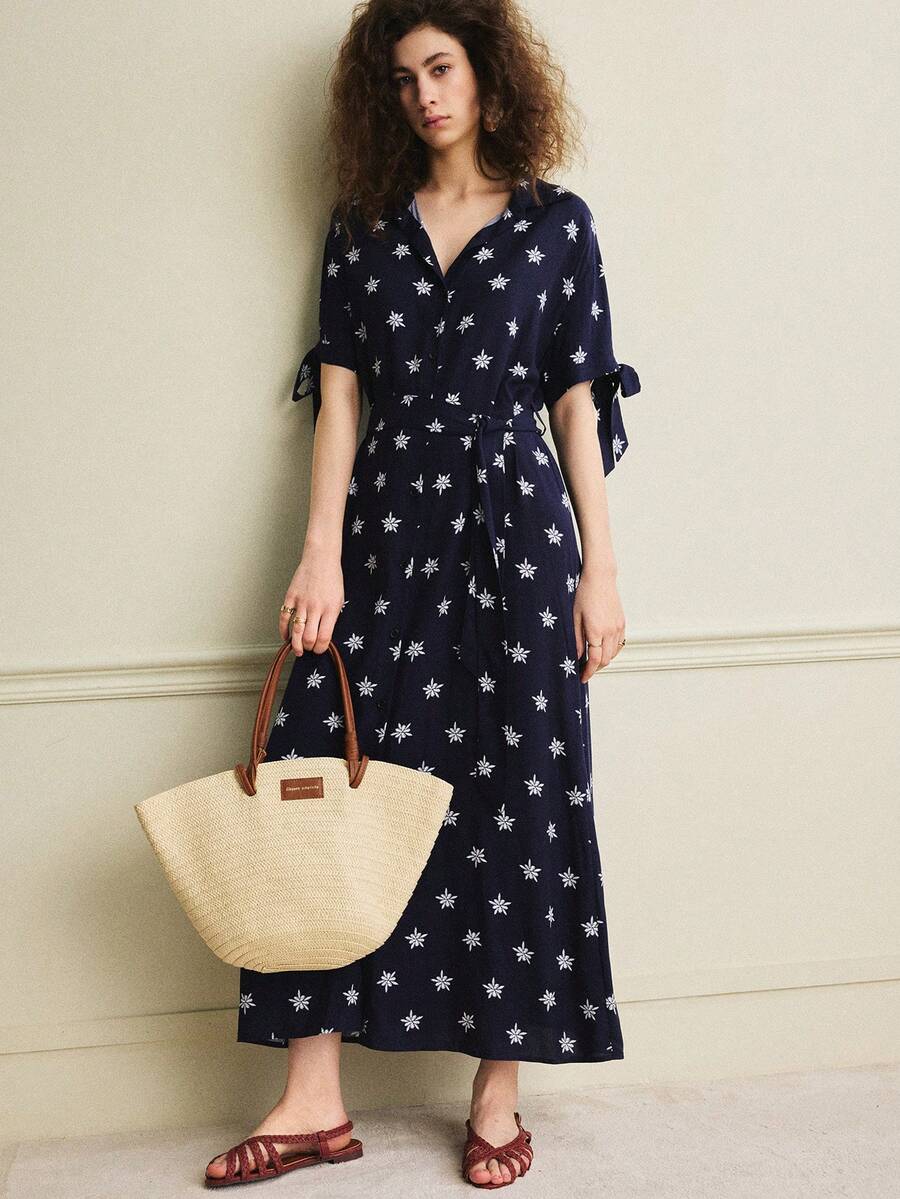 Écloséra Vestido tejido con estampado, con abertura, corbata delantera, puños y estilo retro francés - Azul Marino - Ver 1