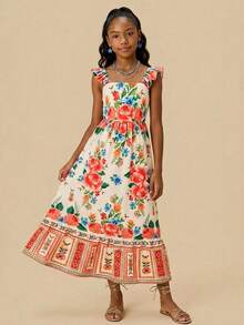 Travachic KIDS 少女优雅碎花荷叶袖连衣裙，度假款 - 彩色 - 查看 7