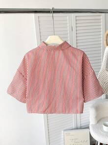 SHEIN 少女格子短袖单排扣休闲衬衫 - 粉色 - 查看 3