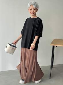 FRIFUL Women's Solid Black Sheer Lace Patchwork Loose Casual Versatile T-Shirt - Black - View 4