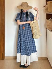 FRIFUL Women's Long Plaid Dress, Summer Vacation Country Style - Navy Blue - View 8