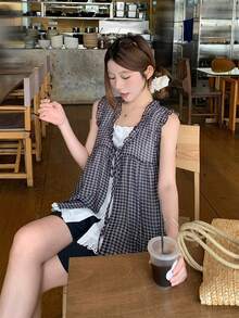 DAZY Women's Plaid Patchwork Short Sleeve Top, Fresh And Youthful Korean Style, Summer - Black and White - View 9