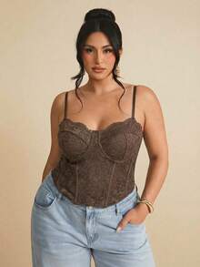 SHEIN CURVE+ Plus Size Women Sexy Lace Sheer Camisole Top, Party , Date, Commute, Cute Lingerie - Brown - View 5