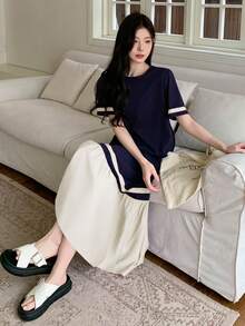 DAZY Đầm maxi nữ phối màu kiểu dáng thường ngày, thích hợp cho mùa hè, đi học, hoặc mặc cùng giáo viên. - Màu be - Xem 3