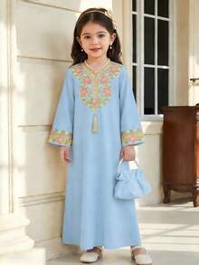 SHEIN Vestido de manga larga con estampado floral casual para niñas jóvenes, adecuado para primavera/verano - Celeste - Ver 3