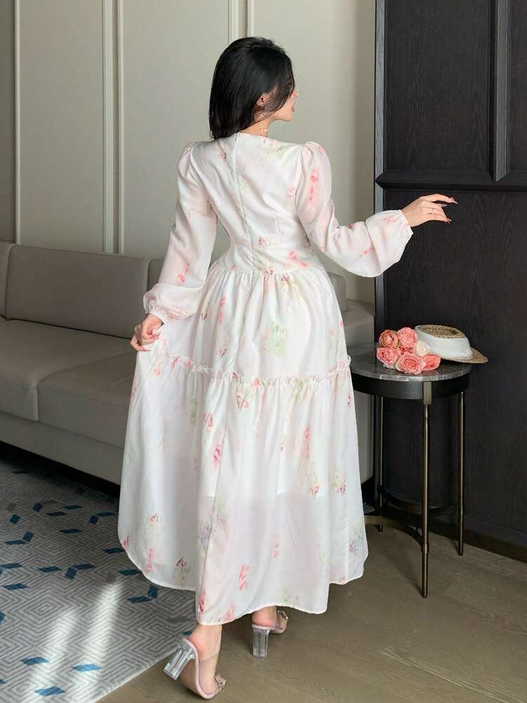 Women's Elegant Floral V-Neck Ruched Frill Hem Mid-Length Dress, Spring/Summer Wedding Guest Dress Sundress