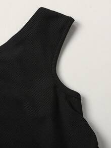 SHEIN Tween Girls Black Ribbed Knit Asymmetric-Shoulder Ruched Cropped Top And Wide Leg Pants 2 Pieces Casual Vacation Outfit Set - Black - View 5