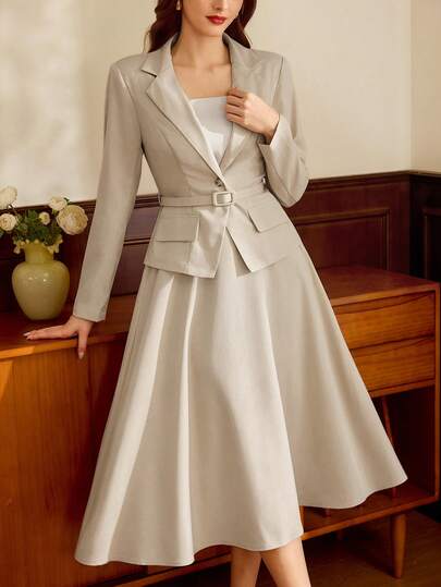 Vintamour Vintage Classic Elegant Women's Suit Set, Autumn/Winter, Fitted Waist Belt Suit Set, Light Gray Suit Set, Suit Jacket & Skirt Set