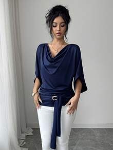 Selianne 女士V领荷叶边蝙蝠袖纯色短袖T恤，腰部饰有金属装饰系带，修身休闲上衣，适合夏季、休闲/办公通勤、度假、乡村派对等场合，优雅百搭。 - 藍色 - 查看 7