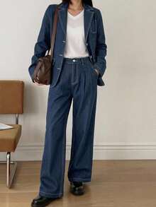DAZY 女士宽松牛仔夹克有领直筒牛仔裤休闲牛仔套装 - 中等水洗藍 - 查看 4