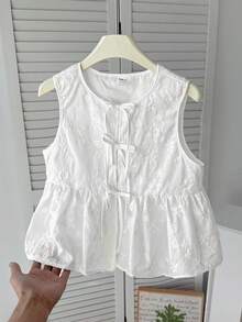 SHEIN 少女休闲日常度假纹理提花蝴蝶结前襟无袖衬衫 - 白色 - 查看 3