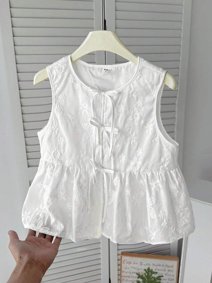 SHEIN 少女休闲日常度假纹理提花蝴蝶结前襟无袖衬衫 - 白色 - 查看 1